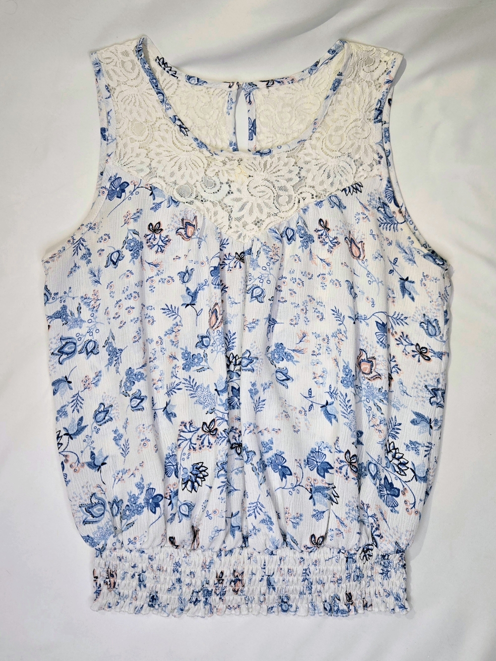 Lace Floral Sleeveless Top - White & Blue